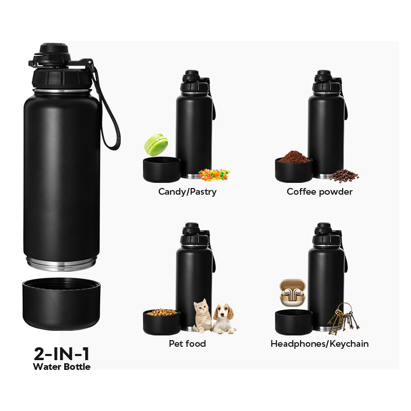 Stainless Steel Water Bottle with Storage Bottom & Pop-Up Lid